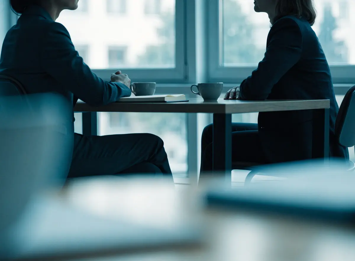 Twee mensen in gesprek aan een tafel